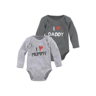 Langarmbody KIDSWORLD "2er Pack Baby-Bodies, Mummy & Daddy", Baby, Gr. 62/68, N-Gr, grau (anthrazit, grau), Jersey, Obermaterial: 100% Baumwolle. Obermaterial Melange: 95% Baumwolle, 5% Viskose, bedruckt, Basic, Basic, amerikanischer Ausschnitt,... Image