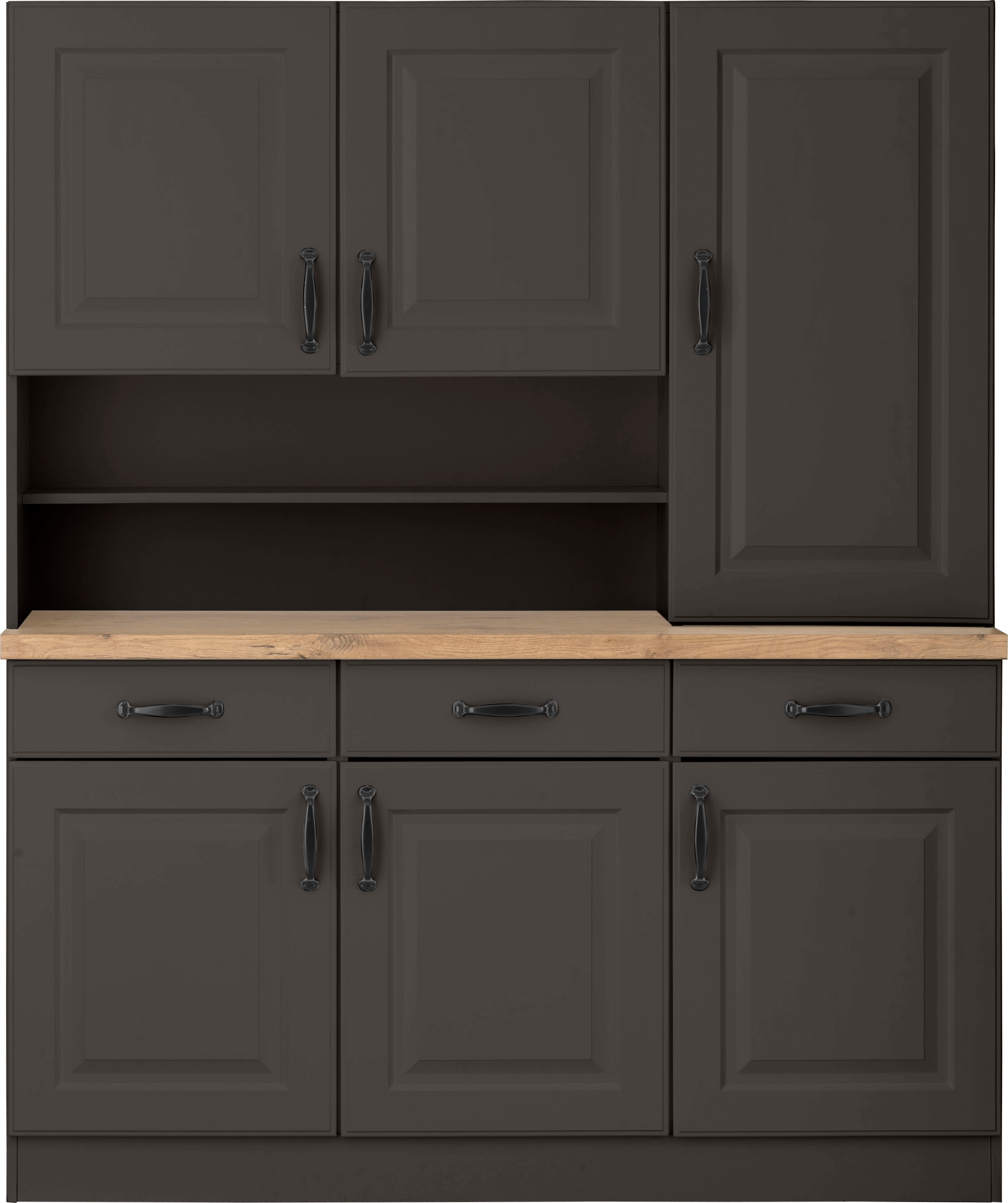 Küchenbuffet WIHO KÜCHEN "Erla", grau (front: kassette anthrazit, korpus: anthrazit, arbeitsplatte: kastelleiche), B:150cm H:181cm T:50cm, Schränke, 150 cm breit mit Kassettenfront