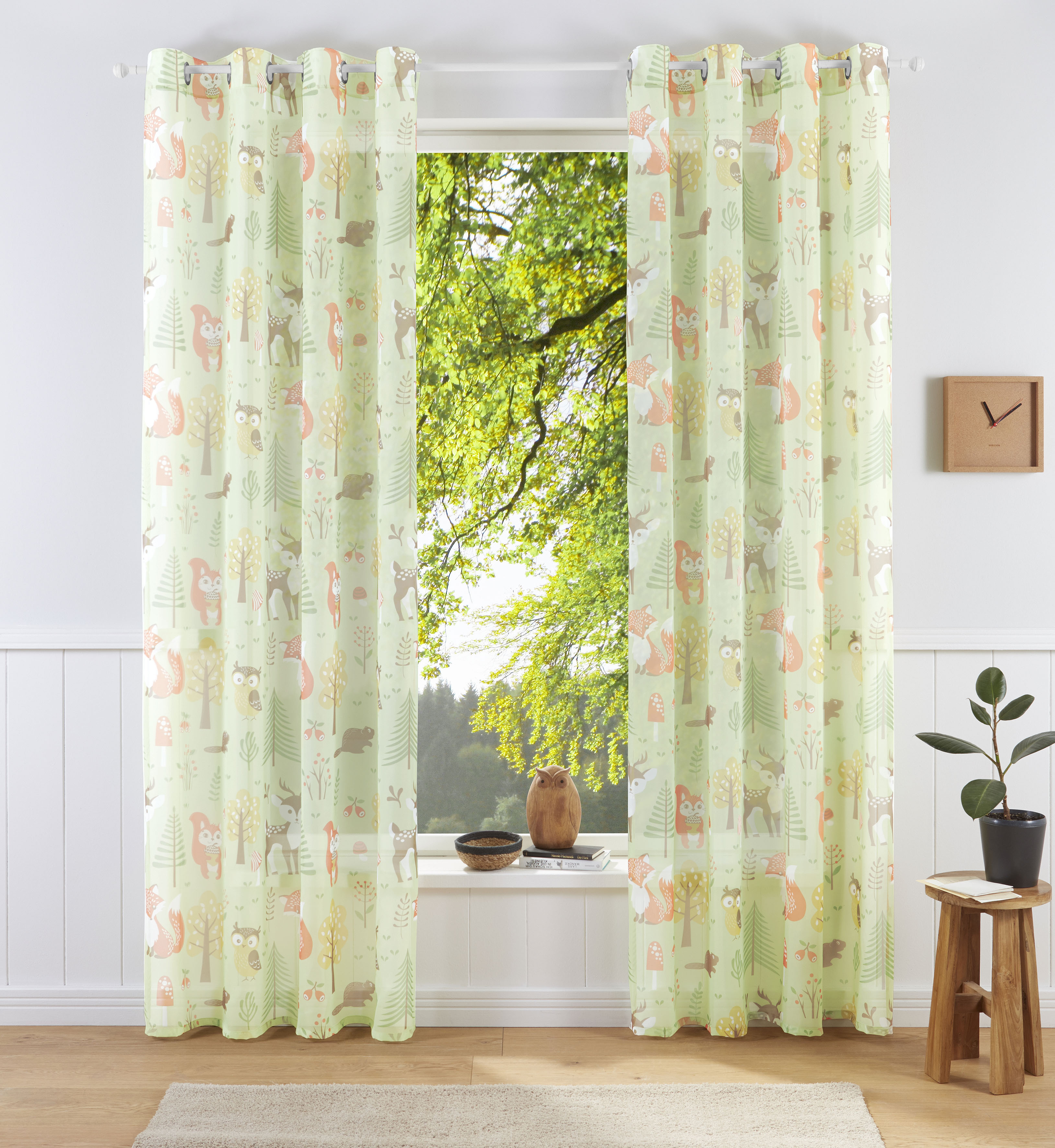Gardine MY HOME "Waldtiere" Gr. 4, grün, B:140cm H:245cm, Voile, Polyester, Gardinen, Gardine, bedruckte Kindergardine, verschiedene Größen
