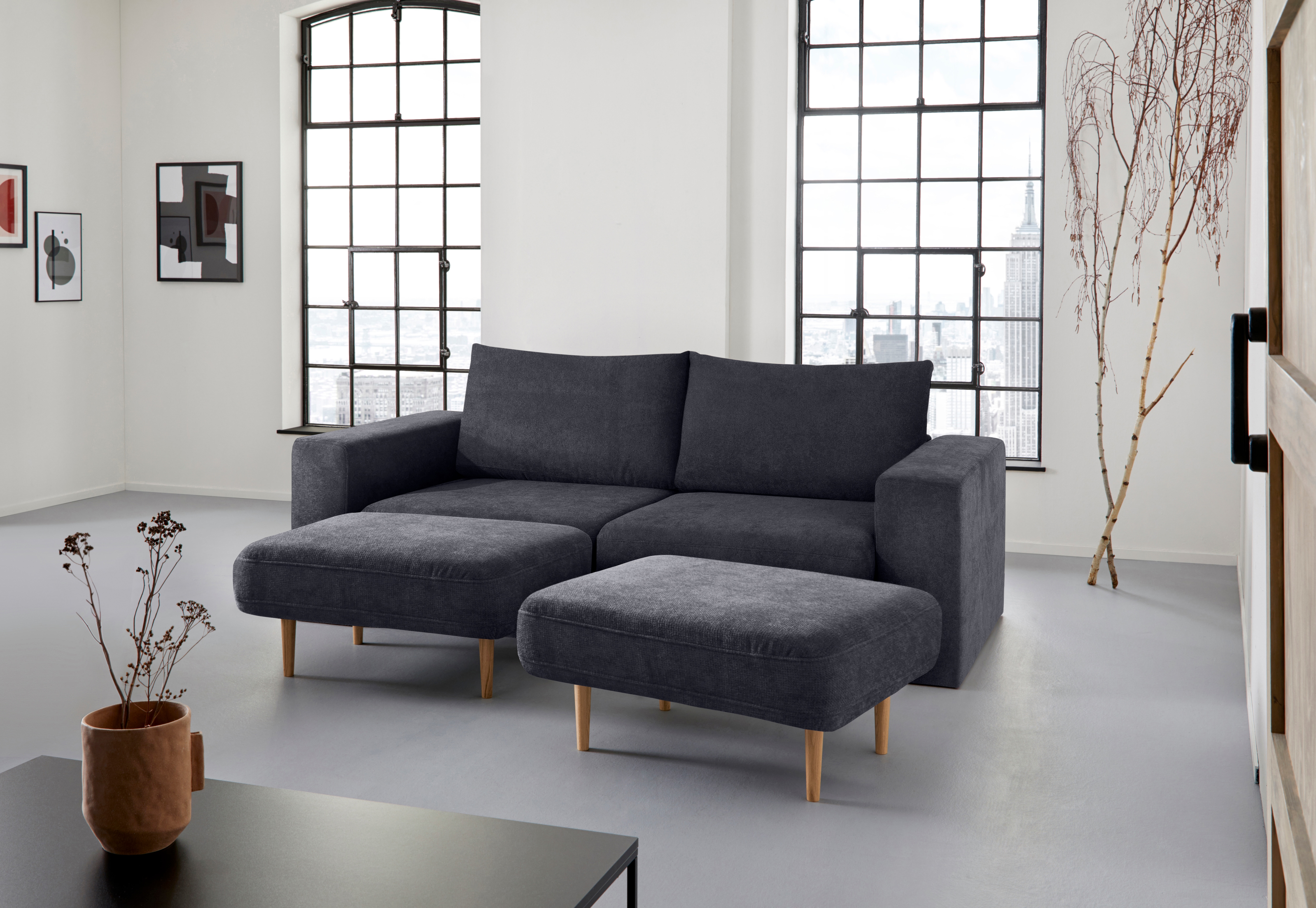 3,5-Sitzer "Looksv", blau (dunkelblau), B:232cm H:96cm T:107cm, LOOKS BY WOLFGANG JOOP, Sofas, Verwandlungssofa: aus Sofa wird Sofa mit 2 Hockern