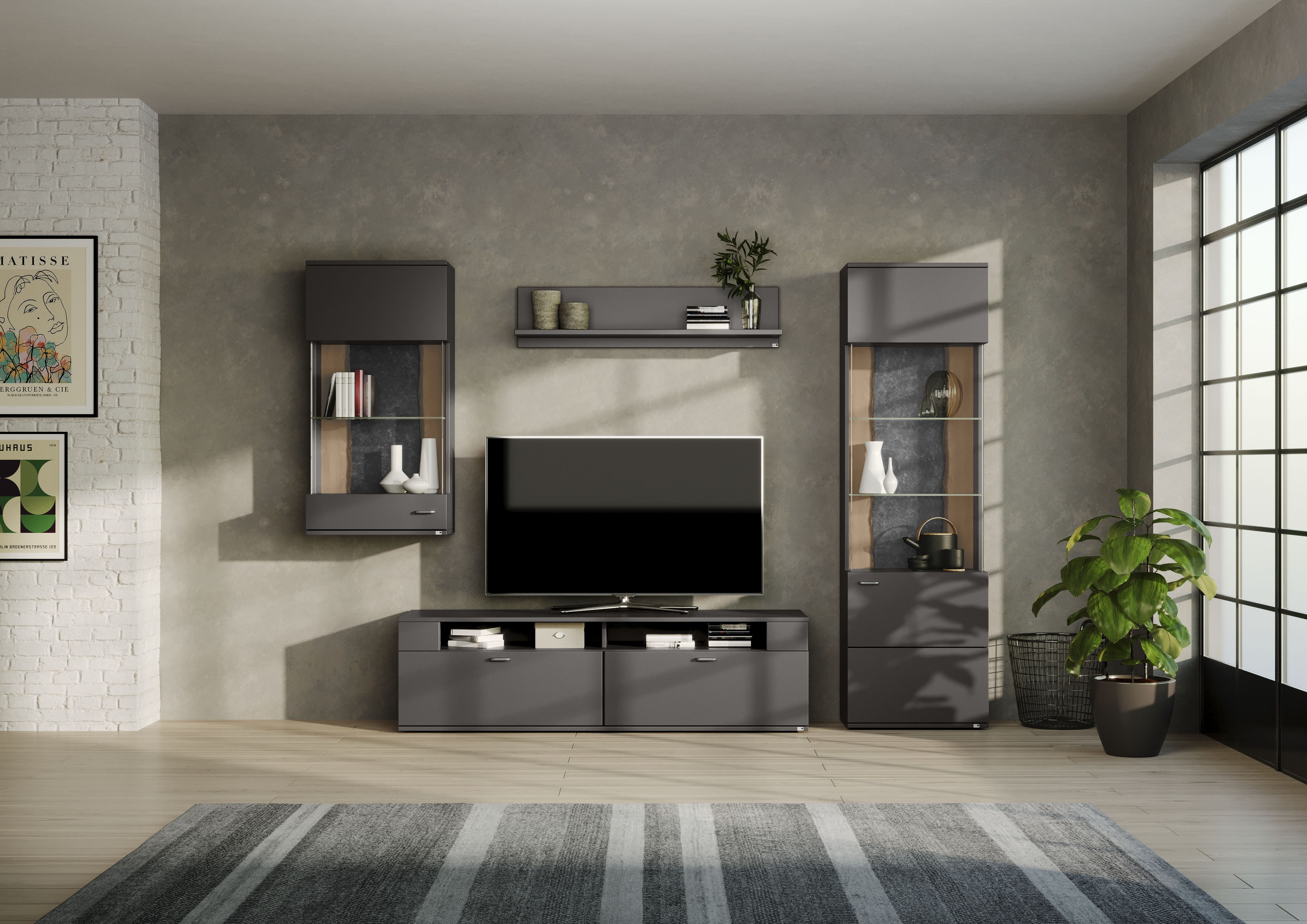 Wohnwand "TACOMA", grau (grafit matt), SET ONE BY MUSTERRING, Kastenmöbel-Sets, Typ 54, mit Hängevitrine