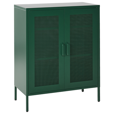 Schrank Grün Metall 80 x 40 x 102 cm mit 2 durchsichtigen Türen 2 Regalböden 2 Griffen Flur Schlafzimmer Küche Wohnzimme