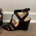 Nine West Shoes | Nine West Black Leather Wedge Sandals | Color: Black/Gold | Size: 7.5