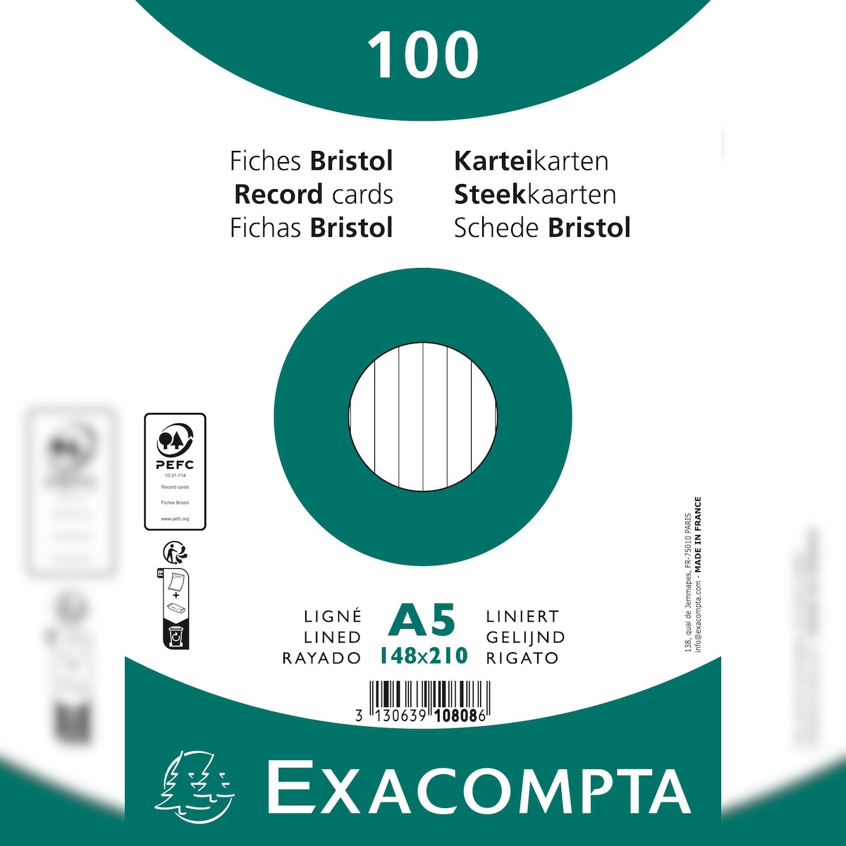 Exacompta 10808SE 10x Karteikarten liniert DIN A5 100 St eingeschweißt - Weiß Image