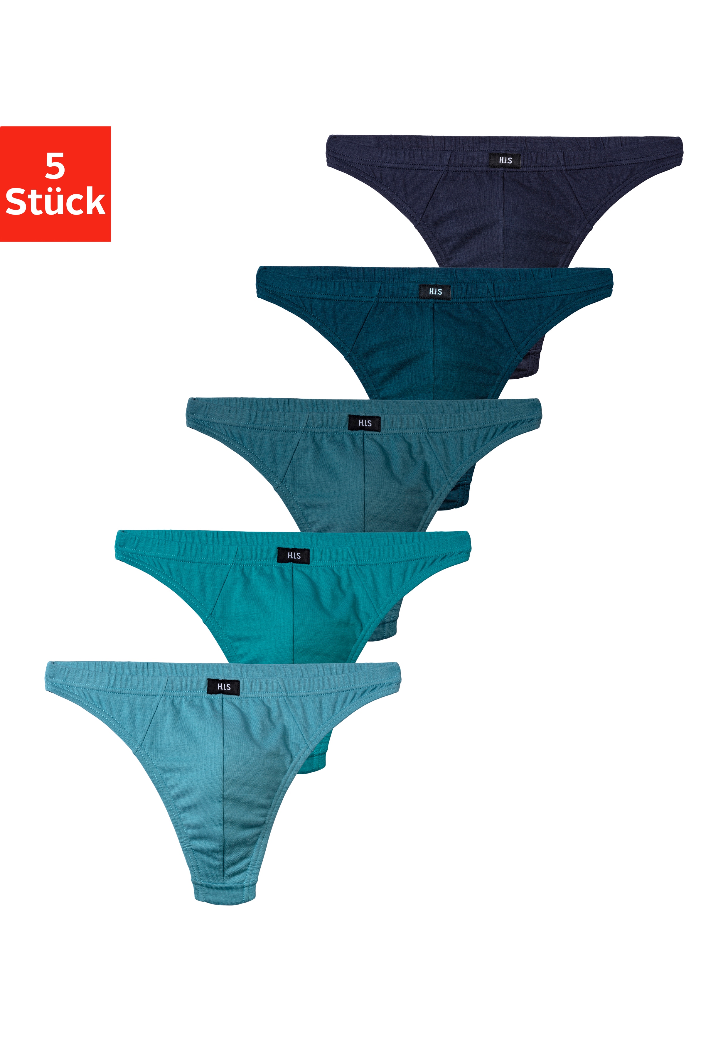String H.I.S "Herren Unterhose", Damen, Gr. 8 (XXL), 5 Stk., blau (blau, hellblau, navy, petrol, dunkelpetrol), Jersey, Obermaterial: 95% Baumwolle, 5% Elasthan, unifarben, körpernah, Unterhosen String, in Baumwollstretch-Qualität