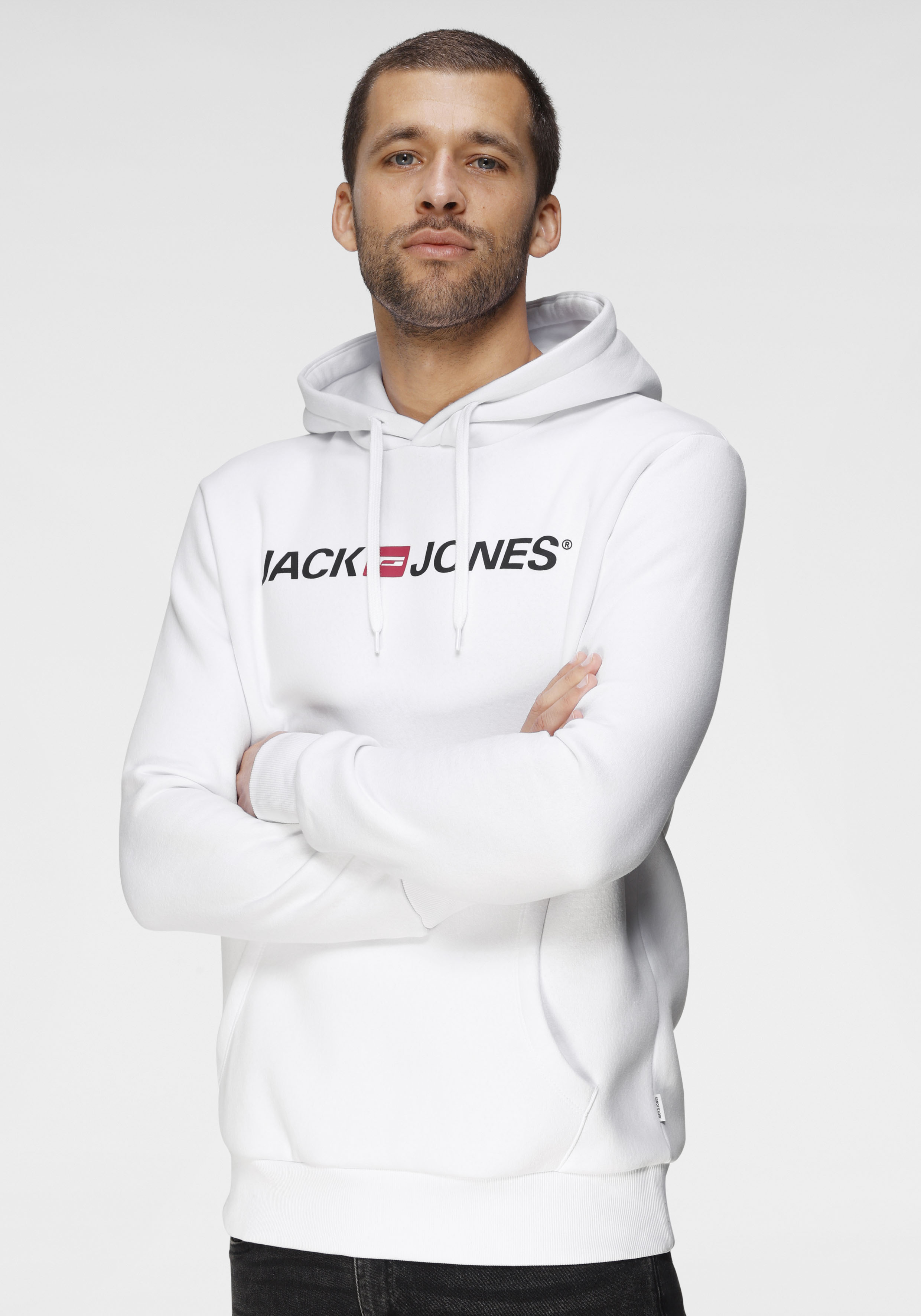 Kapuzensweatshirt JACK & JONES "JJECORP Hoodie mit Logo und hohem Tragekomfort", Herren, Gr. XXL, weiß, angeraute Sweatware, Obermaterial: 70% Baumwolle, 30% Polyester, bedruckt, normal normal, Rundhals, Rippbündchen, Sweatshirts, bedruckt, casual,...