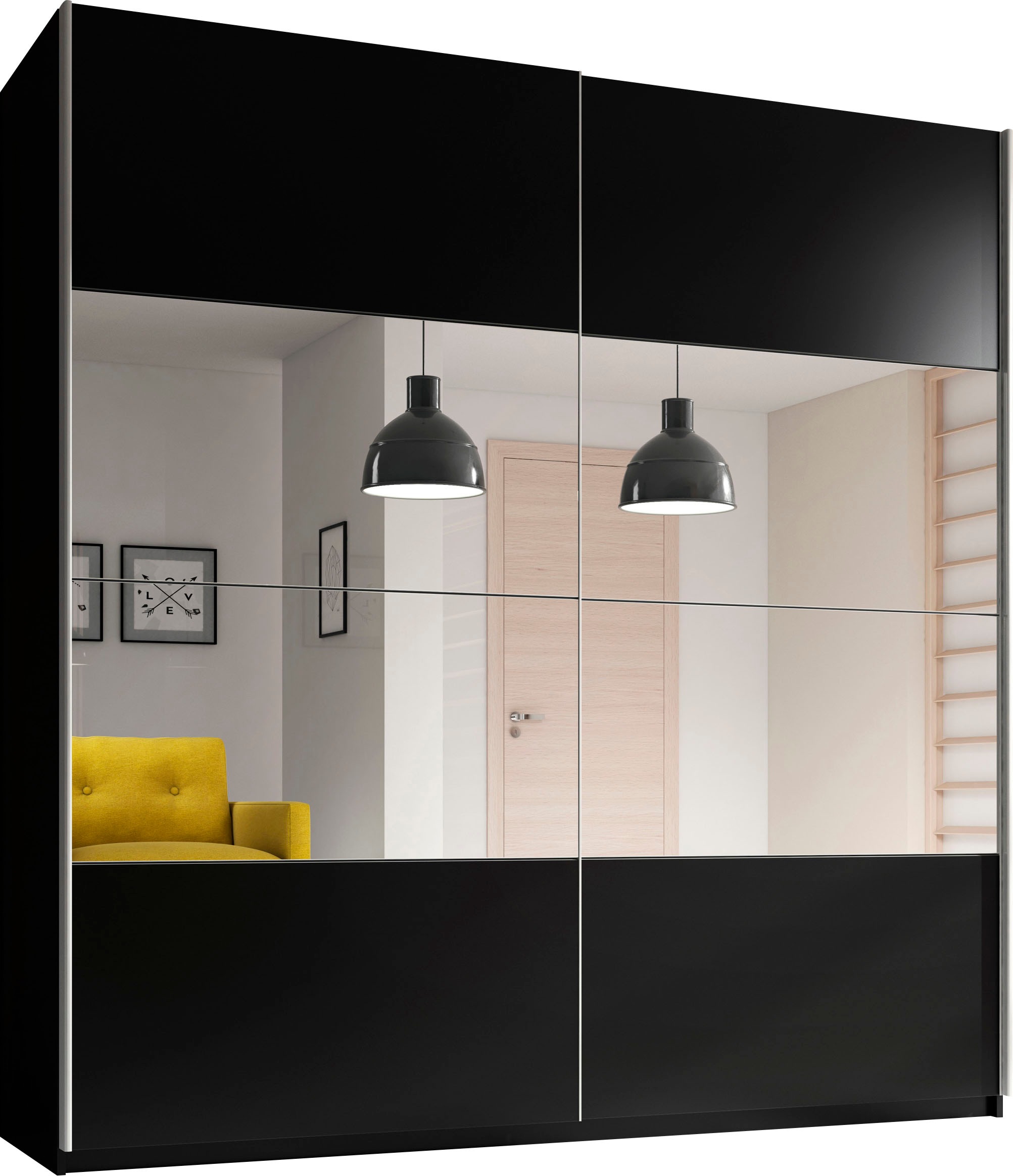 Schwebetürenschrank HOME AFFAIRE "Beta Schiebetürenschrank Kleiderschrank Wäscheschrank", schwarz, B:200cm H:210cm T:61cm, FSC-zertifizierter Holzwerkstoff, Schränke, Schwebetürenschrank, mit Spiegel, INKLUSIVE kompletter Innenausstattung, Metallgriffe