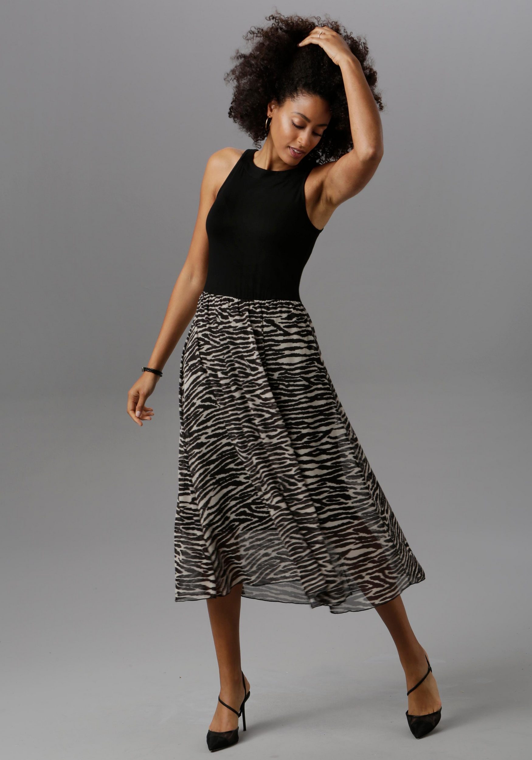 Partykleid ANISTON SELECTED, Damen, Gr. 44, N-Gr, schwarz (schwarz, sand), Jersey, Obermaterial: 95% Viskose, 5% Elasthan. Futter: 95% Viskose, 5% Elasthan. Rock: 100% Polyester, animal-print, gemustert, festlich, figurbetont wadenlang, Rundhals,... Image