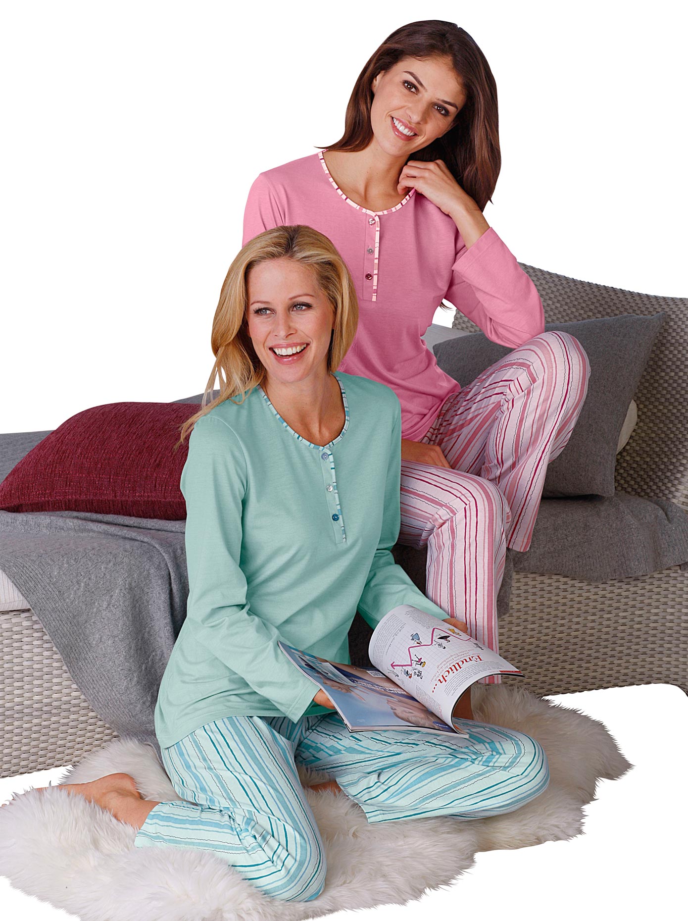 Schlafanzug ASCAFA, Damen, Gr. 40/42, bunt (mint, rosé), 100% Baumwolle, Homewear-Sets Schlafanzug Image