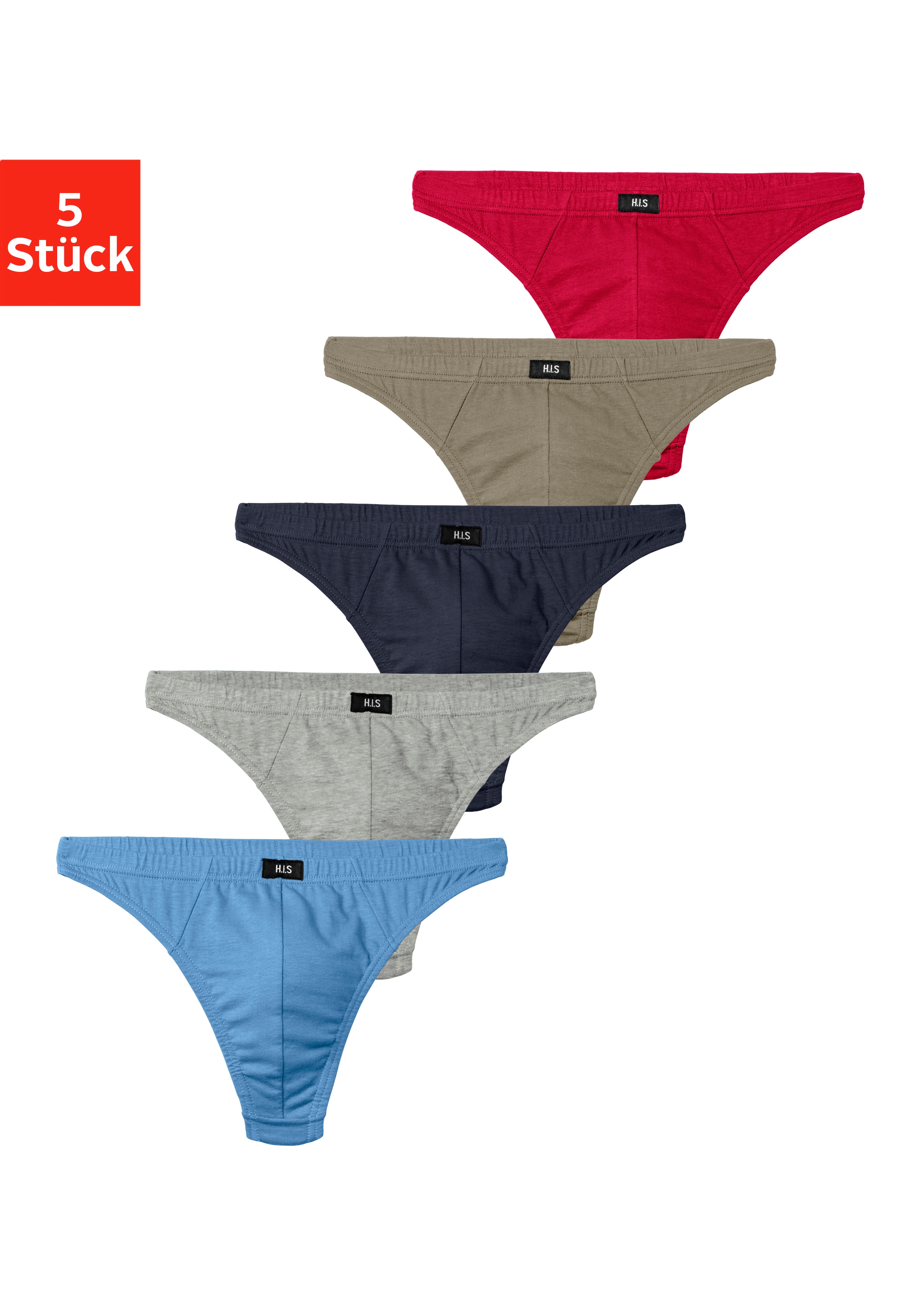 String H.I.S "Herren Unterhose", Damen, Gr. 5M, 5 Stk., bunt (rot, blau, marine, khaki, grau, meliert), Jersey, Obermaterial: 95% Baumwolle, 5% Elasthan, unifarben, körpernah, Unterhosen String, in Baumwollstretch-Qualität