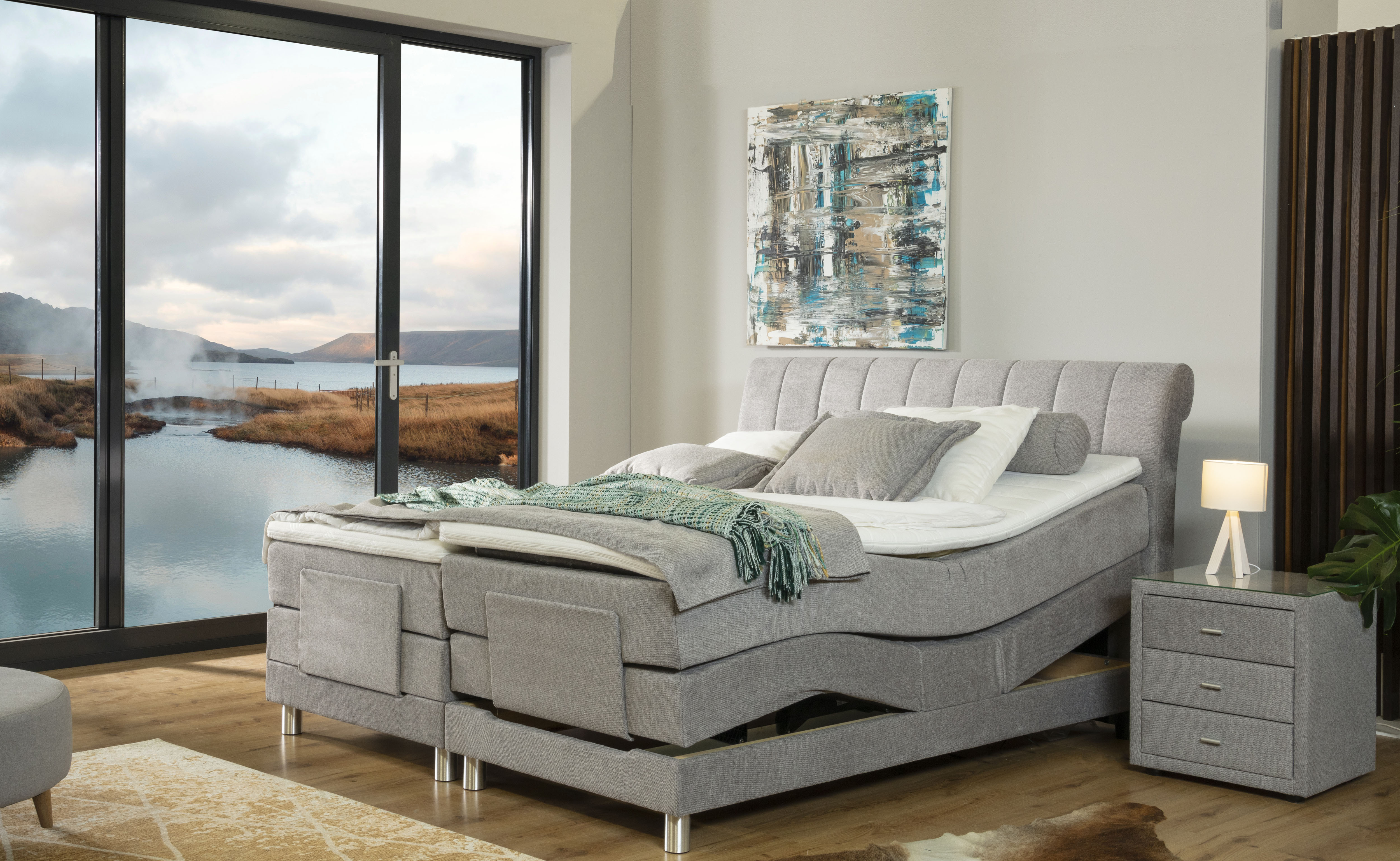 Boxspringbett ALINA "Elsa mit Motor", grau (hellgrau gcp 49), B:201cm L:220cm, Chenille GCP (100% Polyester), Komplettbetten, Boxspringbett, inklusive Matratze und Topper, in verschiedenen Größen und Härtegraden Image