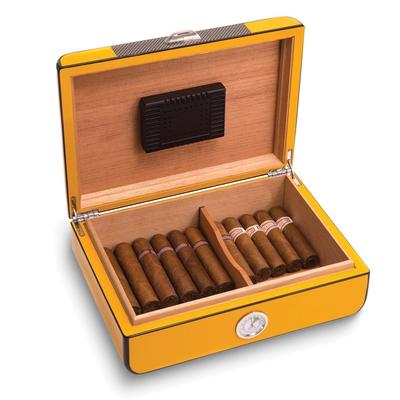 Curata Carbon Fiber Yellow Lacquered Wood 25-Cigar Humidor Spanish Cedar Lining Humistat Digital Hygrometer