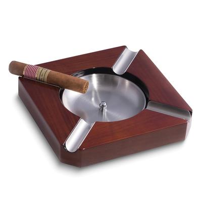 Curata Lacquered Walnut Wood 4-Cigar Ashtray with Removable Stainless Steel Center