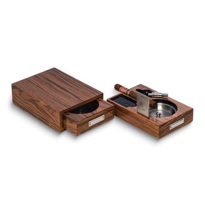 Curata Olive Wood Color Finish Slide-Out Ashtray with Cigar Cutter and Punch