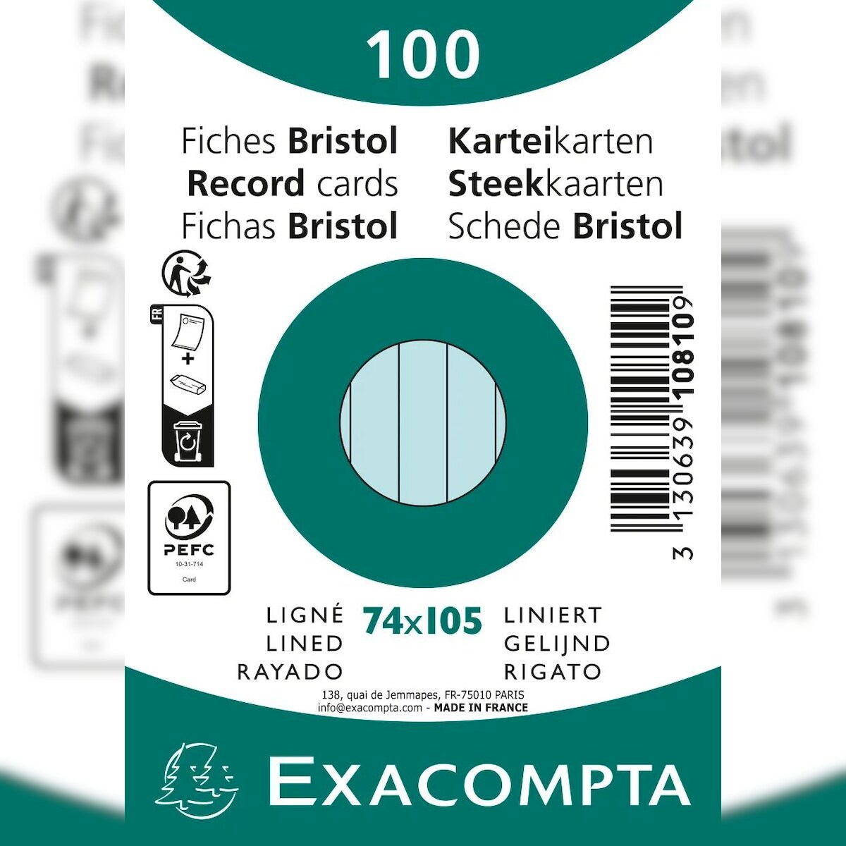 Exacompta 10810SE 40x Karteikarten liniert DIN A7 100 St eingeschweißt - Azurblau Image
