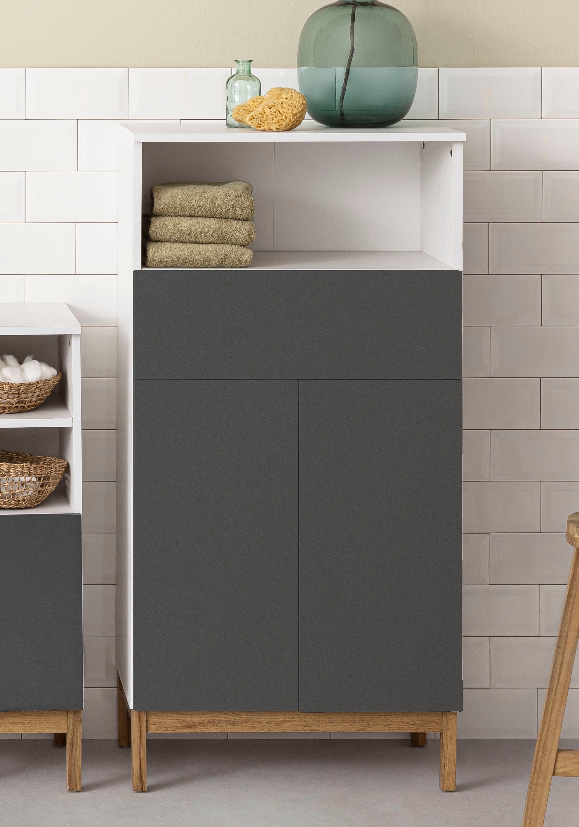 Midischrank WELLTIME "Stian", braun (weiß, anthrazit, eiche), B:60cm H:120,5cm T:35cm, Spanplatte, Schränke, Midischrank, mit 2 Einlegeböden hinter den Türenpaar, Breite 60 cm, Höhe 120,5 cm