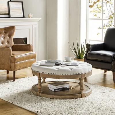 Illyria Transitional Multifunctional Tufted 35.5" Shabby Chic Storage Ottoman Table with Spindle Legs by HULALA HOME