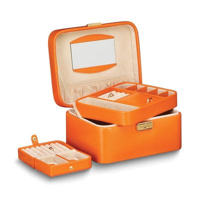 Curata Orange Lizard Textured Bonded Leather Mirror Top Handle Velour Lined Locking Jewelry Case Removable Tray Travel Case