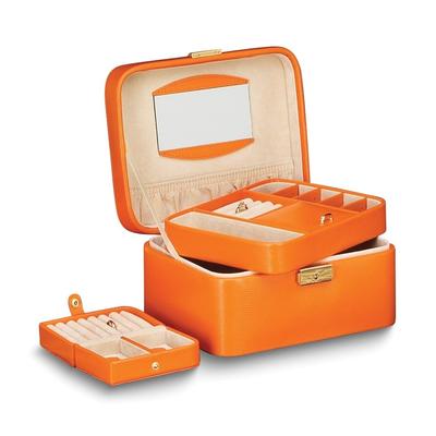 Curata Orange Lizard Textured Bonded Leather Mirror Top Handle Velour Lined Locking Jewelry Case Removable Tray Travel Case