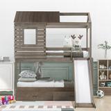 Safety & Fun Twin over Twin Wood Bunk Bed with 2 Storage Drawers and Slide, House-Shaped Bed with High Full-length Guardrail