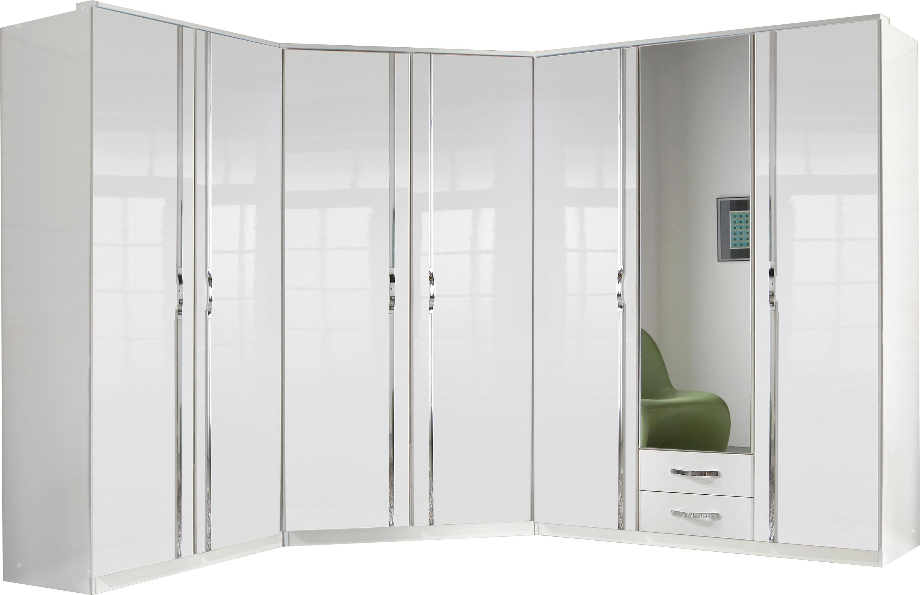 Eckkleiderschrank WIMEX "Tromo", weiß (weiß, hochglanz weiß), B:90cm H:198cm T:95cm, Schränke, Eckkleiderschrank, mit Hochglanz-Front, verchromte Leisten und Griffe