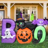 The Holiday Aisle® Halloween Inflatables Outdoor Decorations - 6 ft. Pumpkin Inflatable w/ Ghost in Black/Green/Indigo | Wayfair