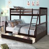 Modern Twin over Full Solid Pine Wood Bunk Bed with Full Length Guardrail, Inclined Ladder and 2 Drawers