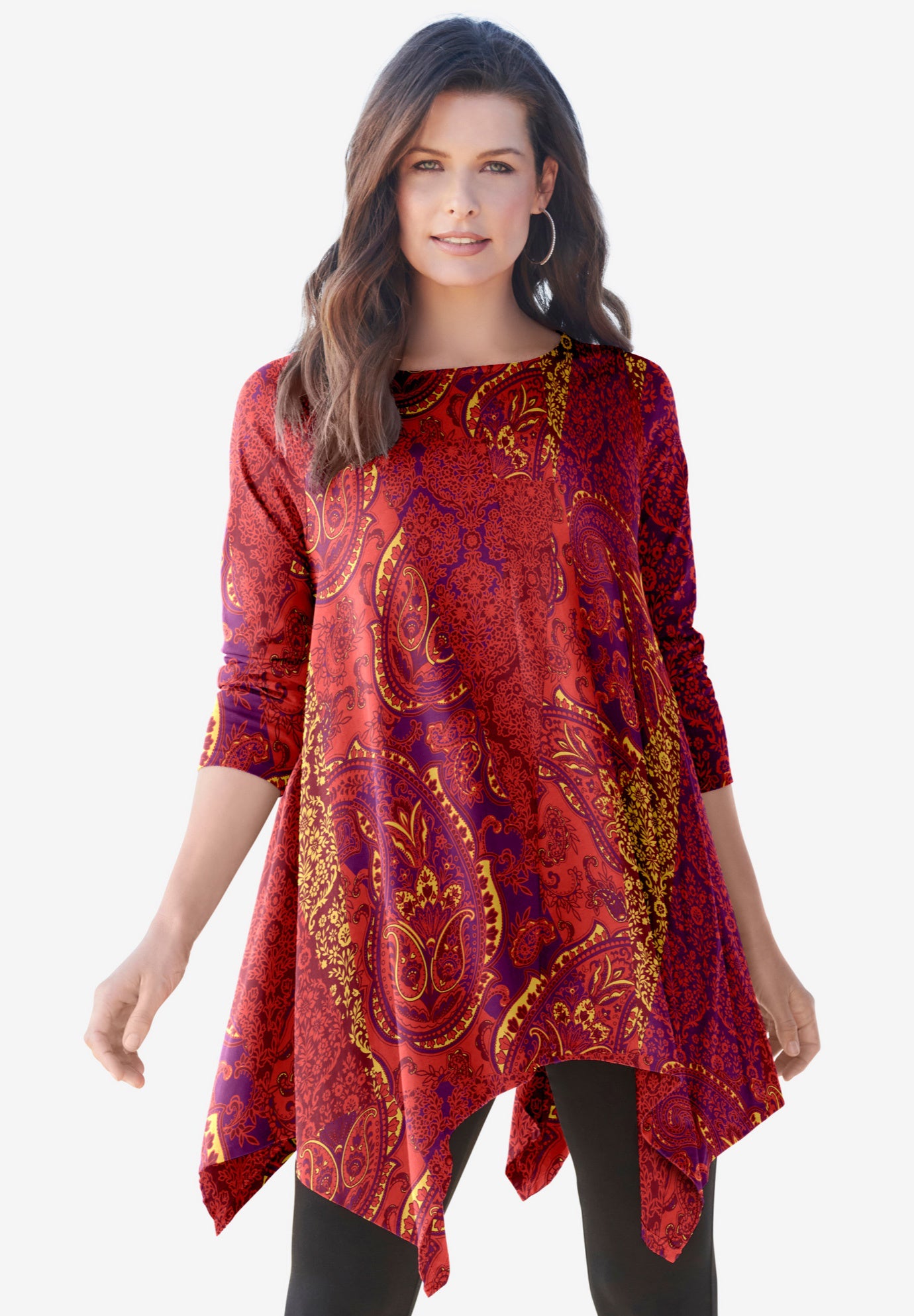 Plus Size Women's Ultimate Handkerchief Hem Tunic by Roaman's in Red Patchwork (Size 3X) Long Shirt