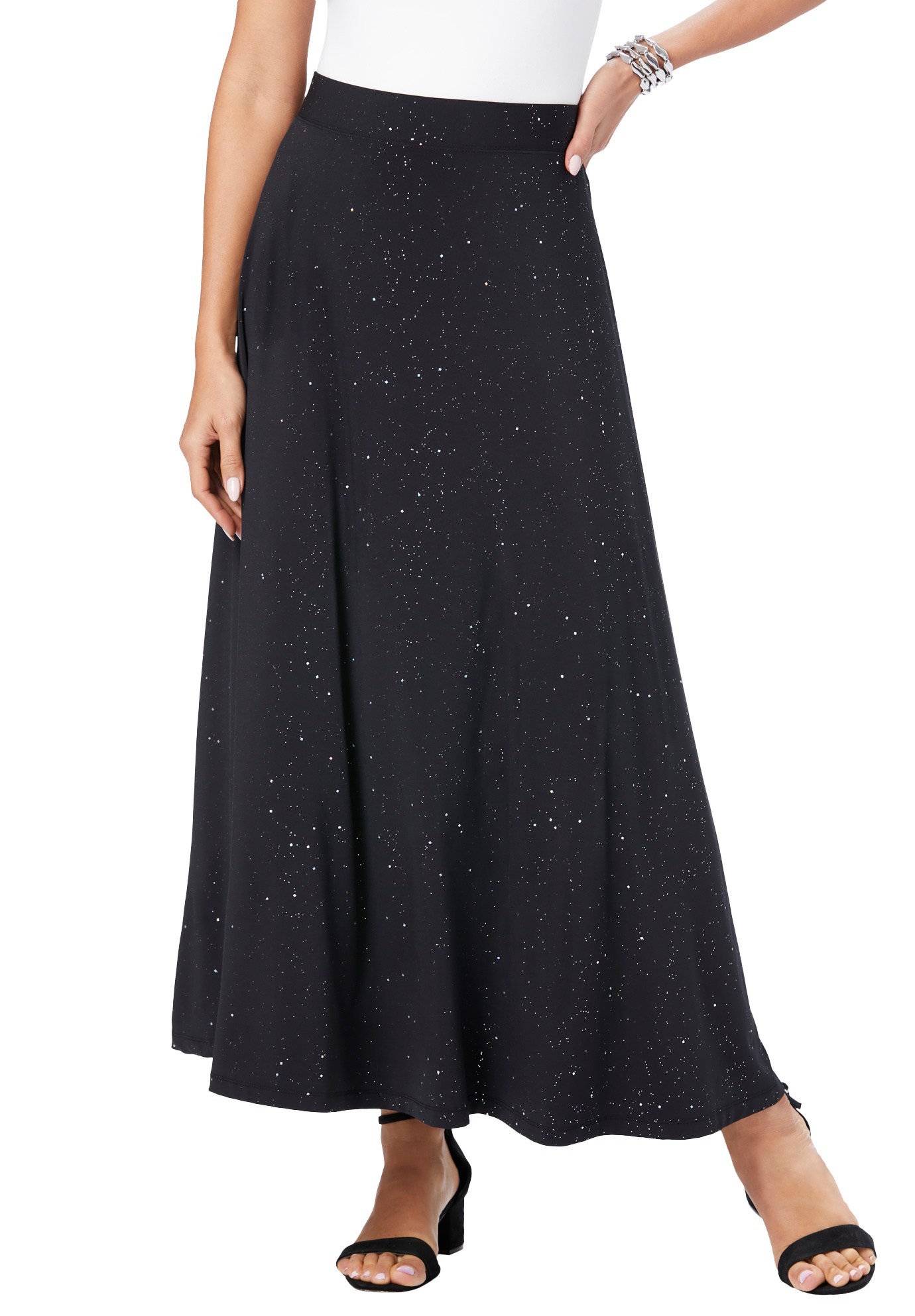 Plus Size Women's Ultrasmooth® Fabric Maxi Skirt by Roaman's in Black Sparkle (Size 26/28) Stretch Jersey Long Length