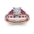 GemsOnClick Princess Cut Petite Cathedral Ring rose gold plated Created Pink Sapphire Princess Shape Wedding Ring Sets prong setting Dimensione H for Women, Girls and Ladies