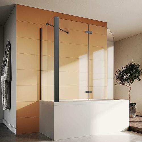 Badewannenaufsätze Schwarz glas 120x140cm 2-teilig faltbar mit Seitenwand 70×140 cm Duschabtrennung