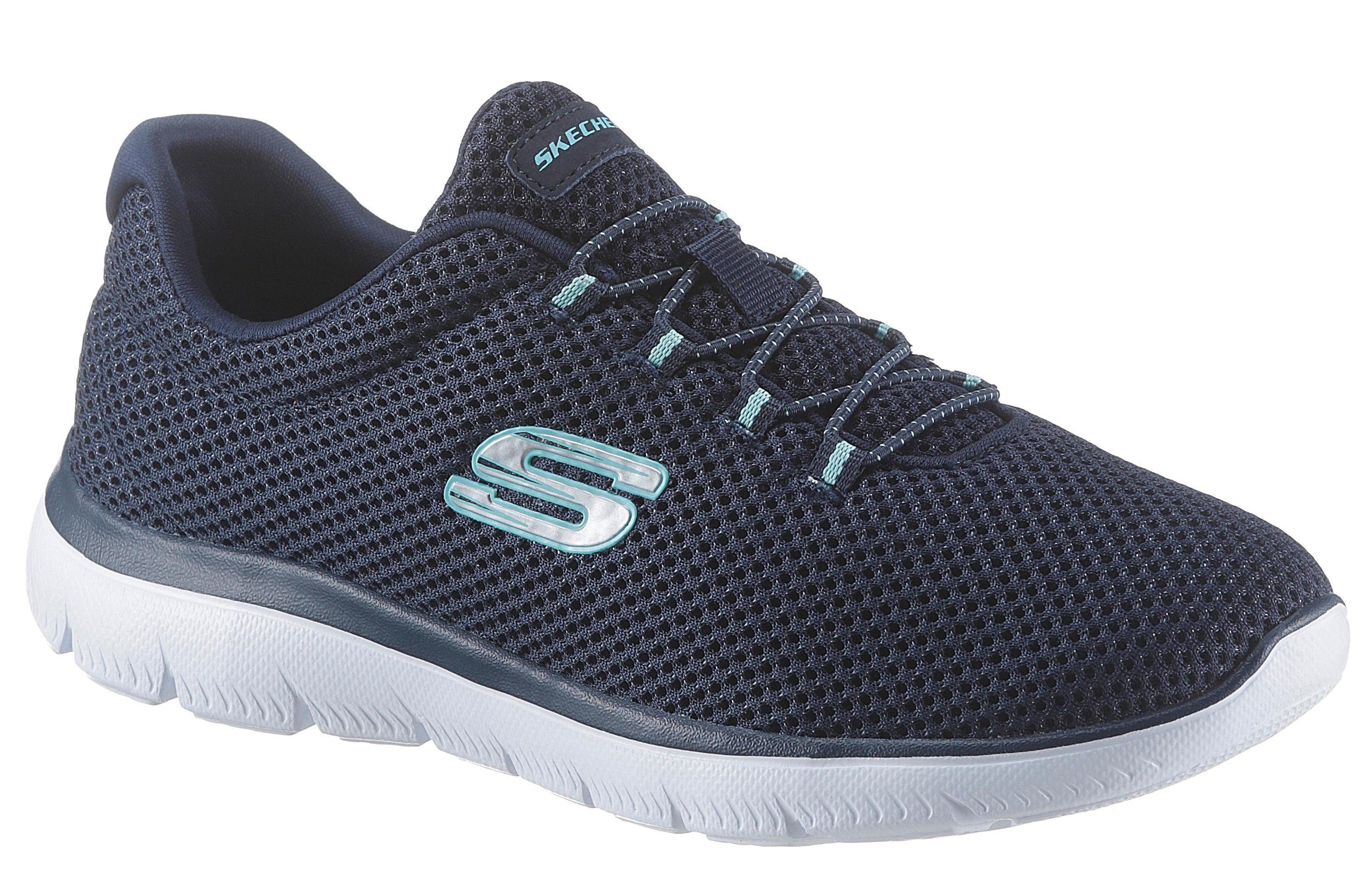 Slip-On Sneaker SKECHERS "Summits", Damen, Gr. 36, blau (navy), Synthetik, Textil, Schuhe, Slipper, Freizeitschuh, Komfortschuh mit gepolstertem Schaftrand