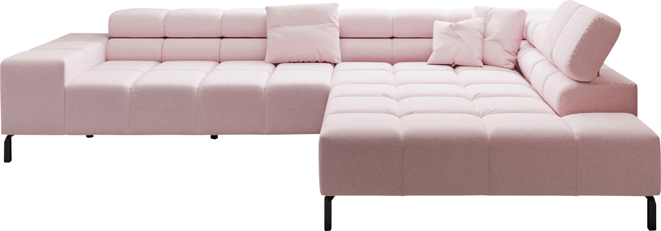 Ecksofa INOSIGN "Ancona New, wahlweise motorische Sitztiefenverstellung, auch in Cord", rosa (rosé), B:321cm T:216cm, 100% Polyester, Sofas, Ecksofa, feine Steppung, mit Kopfteilverstellung, 3 Zierkissen, L-Form