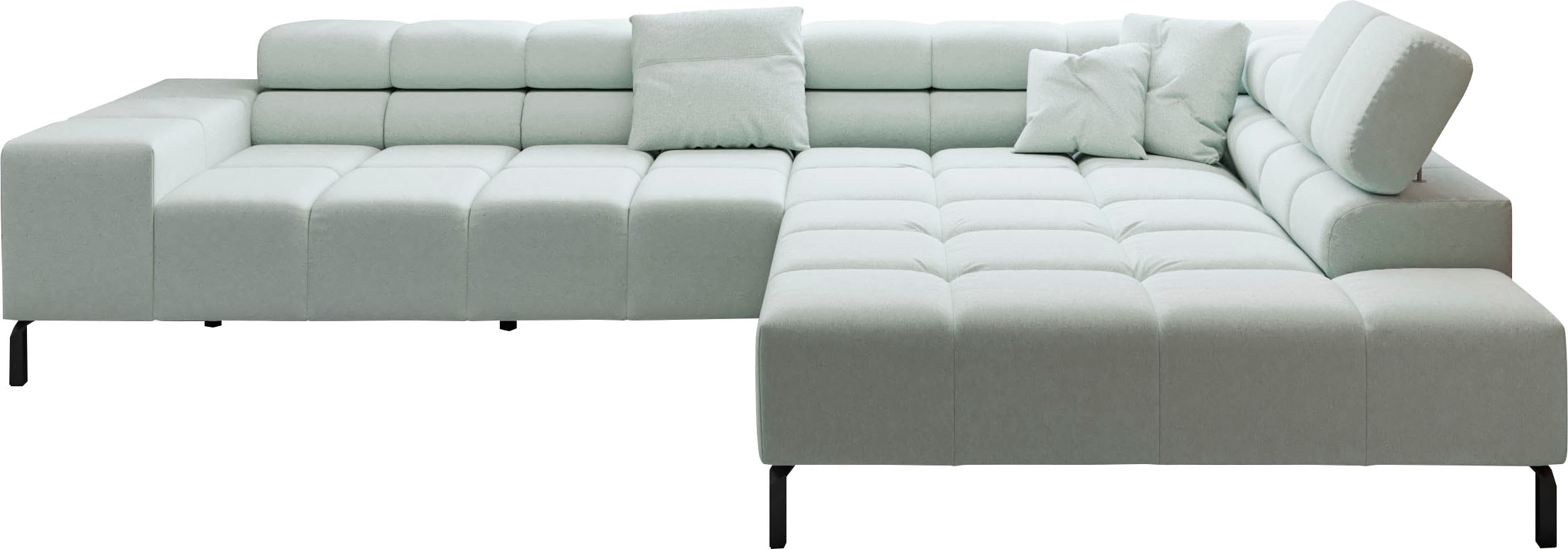 Ecksofa INOSIGN "Ancona New, wahlweise motorische Sitztiefenverstellung, auch in Cord", grün (mint), B:321cm T:216cm, 100% Polyester, Sofas, Ecksofa, feine Steppung, mit Kopfteilverstellung, 3 Zierkissen, L-Form