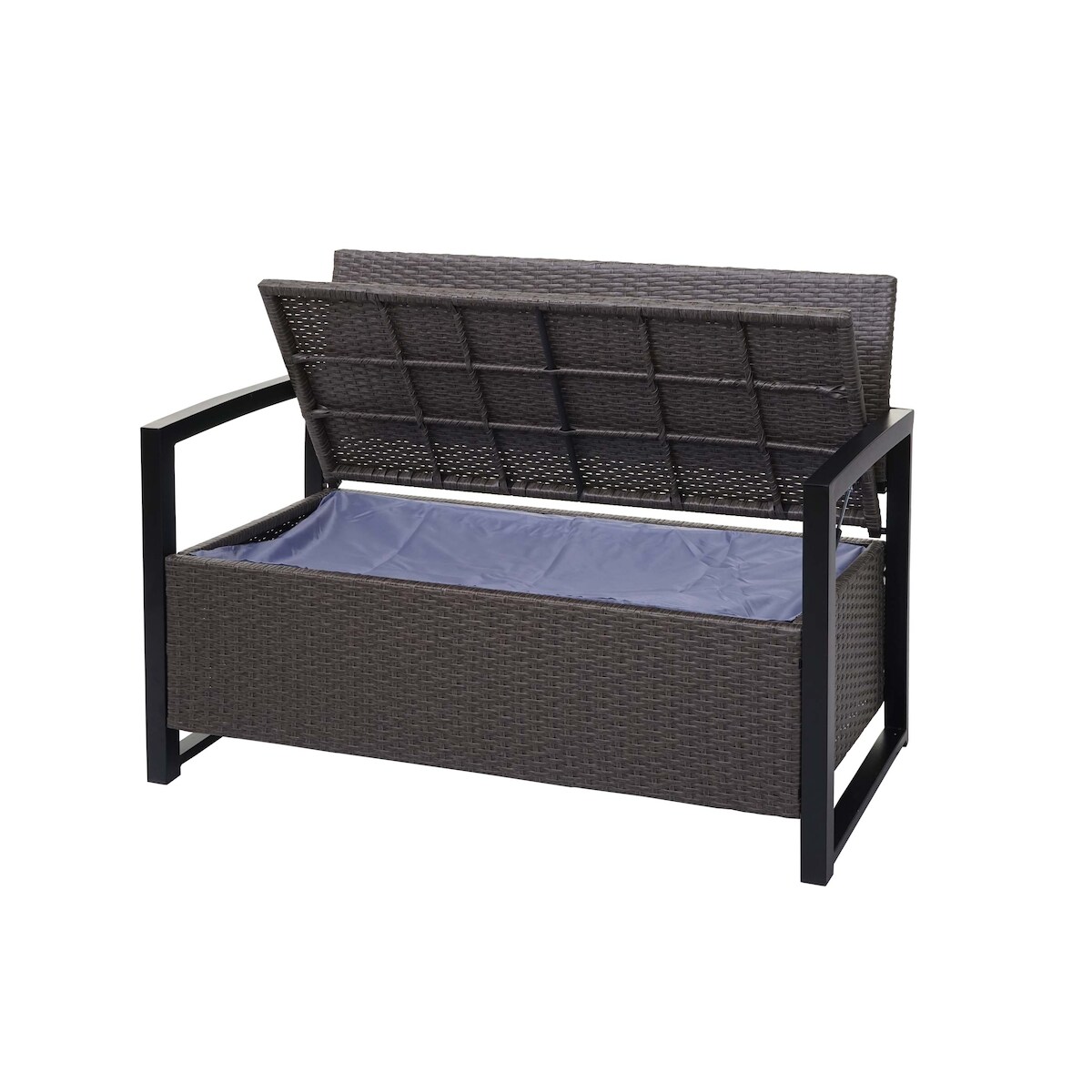 Mendler Poly-Rattan 2er Sitzbank HWC-F39, Gartenbank Truhenbank, Staufach Aufbewahrung Sitzkissen ~ grau-meliert, Kissen creme Image