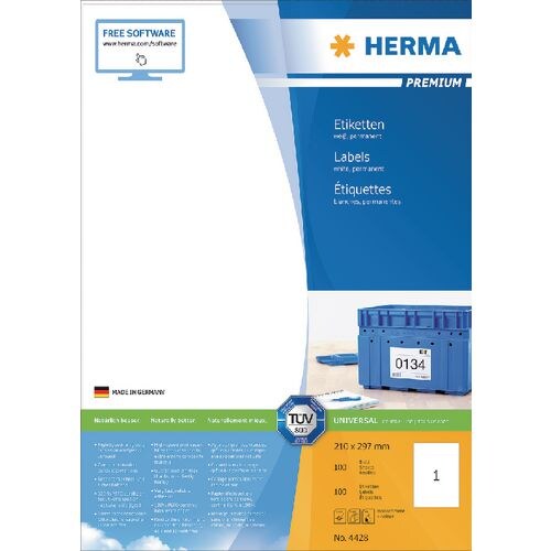 HERMA Universaletiketten 4428 Weiß DIN A4 210 x 297 mm 100 Blatt à 1 Etiketten Image