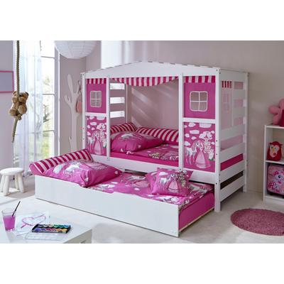 Hausbett TICAA "Lio", pink (weiß), B:100cm H:170cm L:211,5cm, Kiefer massiv, FSC-zertifiziert, Textil-Set: 100% Baumwolle, Kunststoffrollen, Betten, Hausbett, inkl. Zusatzbett und Rollrost Image
