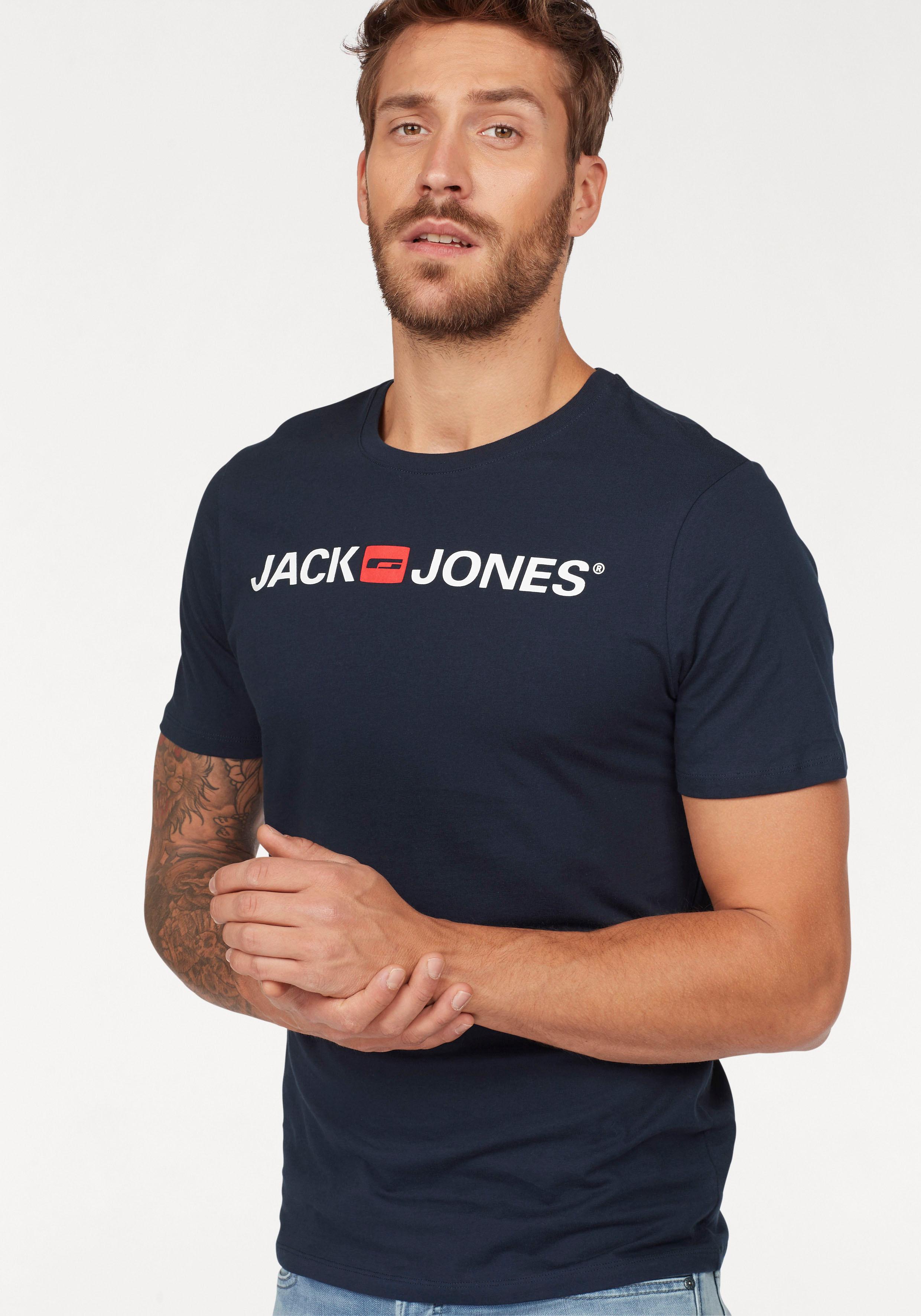 T-Shirt JACK & JONES "JJECORP mit Print, vielseitig kombinierbar für den Alltag", Damen, Gr. 3XL, blau (navy blazer), Obermaterial: 100% Baumwolle, bedruckt, unifarben, Basic schmal normal, Rundhals, Shirts T-Shirt, Logodruck, modisch, regular fit,...
