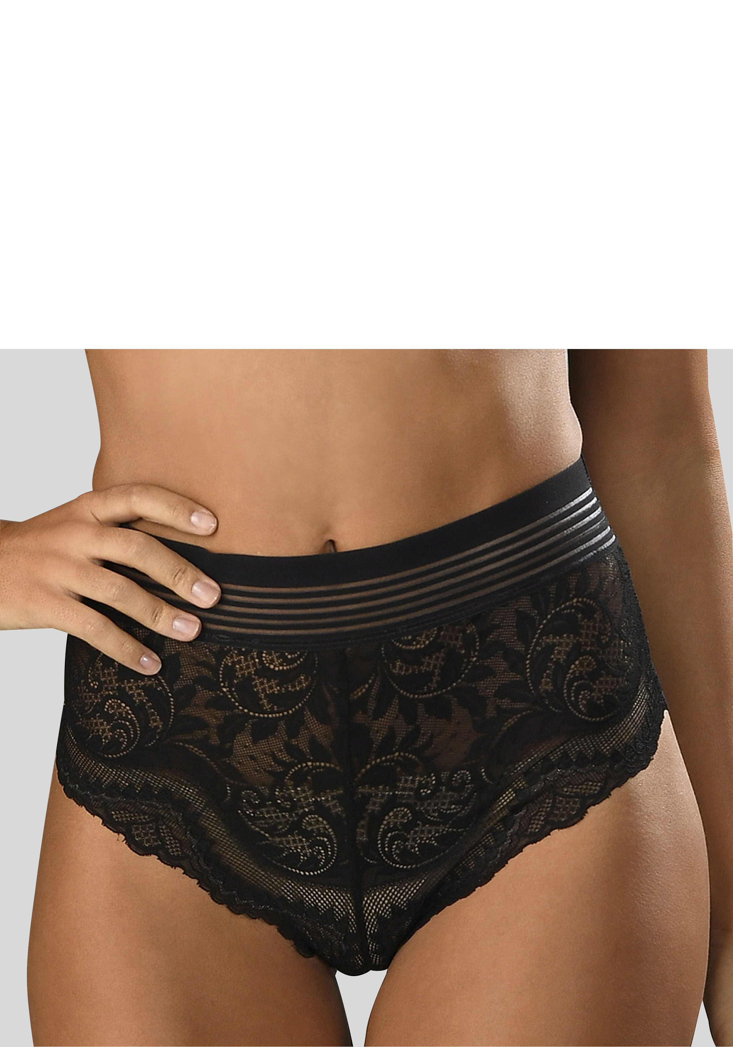 High-Waist-Slip PETITE FLEUR GOLD, Damen, Gr. 40/42, schwarz, Spitze, Obermaterial: 90% Polyamid, 10% Elasthan, körpernah, Unterhosen Taillenslip, mit eleganter Spitz