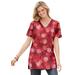 Plus Size Women's Perfect Printed Short-Sleeve Shirred V-Neck Tunic by Woman Within in Classic Red Textured Snowflake (Size L)