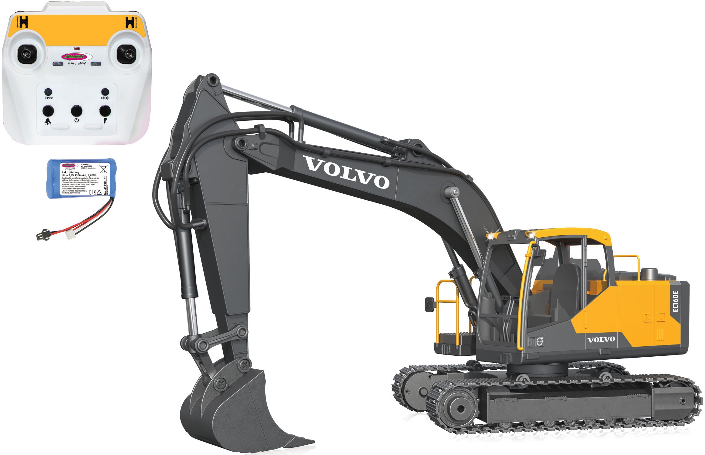 RC-Bagger JAMARA "Volvo EC160E Metal 1:16 2,4 GHz Destruction-Set", gelb, Fernlenkfahrzeuge, KinderB:17cm H:68cm T:69,5cm, mit Motorsound, LED-Licht und Anbaugeräten; offiziell lizenziert, B:17cm H:68cm T:69,5cm