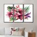 Bay Isle Home™ Bouquet Of Tropical Flowers & Leaves On White I - Traditional Framed Canvas Wall Art Set Of 3 Canvas, in Green/Indigo/Pink | Wayfair