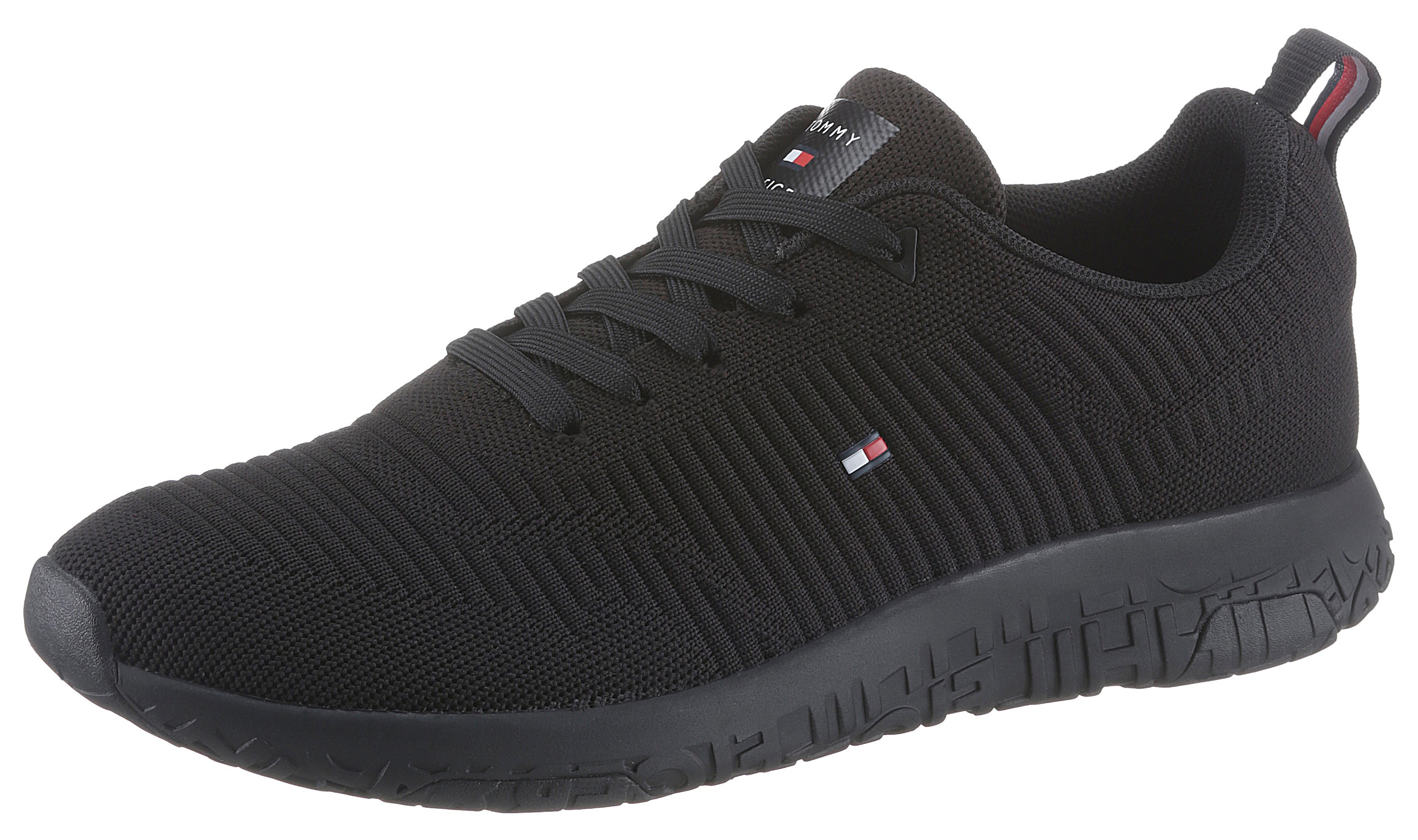 Sneaker TOMMY HILFIGER "CORPORATE KNIT RIB RUNNER", Herren, Gr. 46, schwarz, Textil, Schuhe Sneaker, Freizeitschuh, Halbschuh, Schnürschuh mit seitlicher Logoflagge