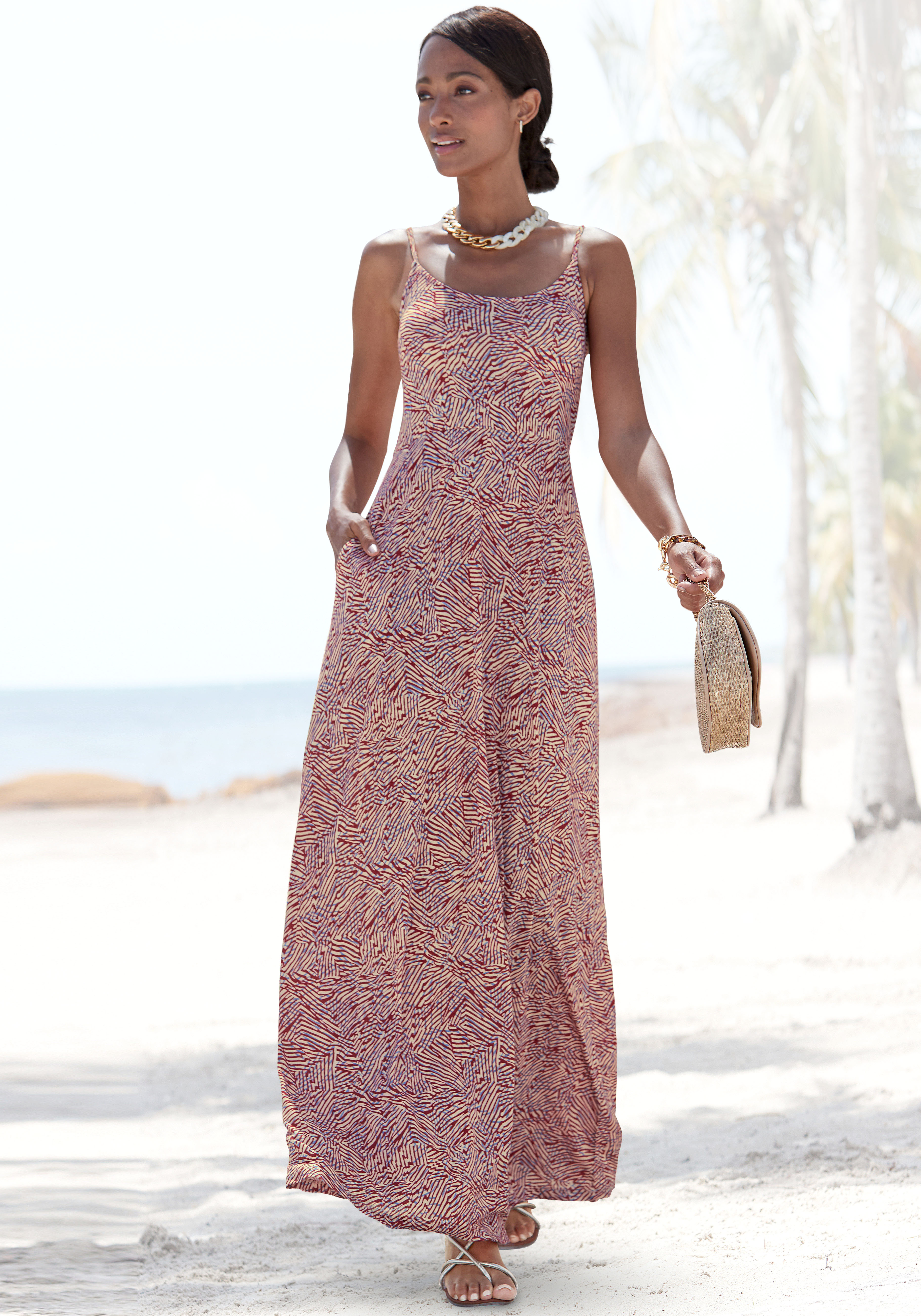 Maxikleid VIVANCE, Damen, Gr. 40, N-Gr, bunt (rot, apricot, blau bedruckt), Jersey, Obermaterial: 100% Viskose, bedruckt, Modisch, figurumspielend bodenlang, Rundhals, Kleider, mit grafischem Alloverdruck und Taschen, Sommerkleid, Strandkleid Image
