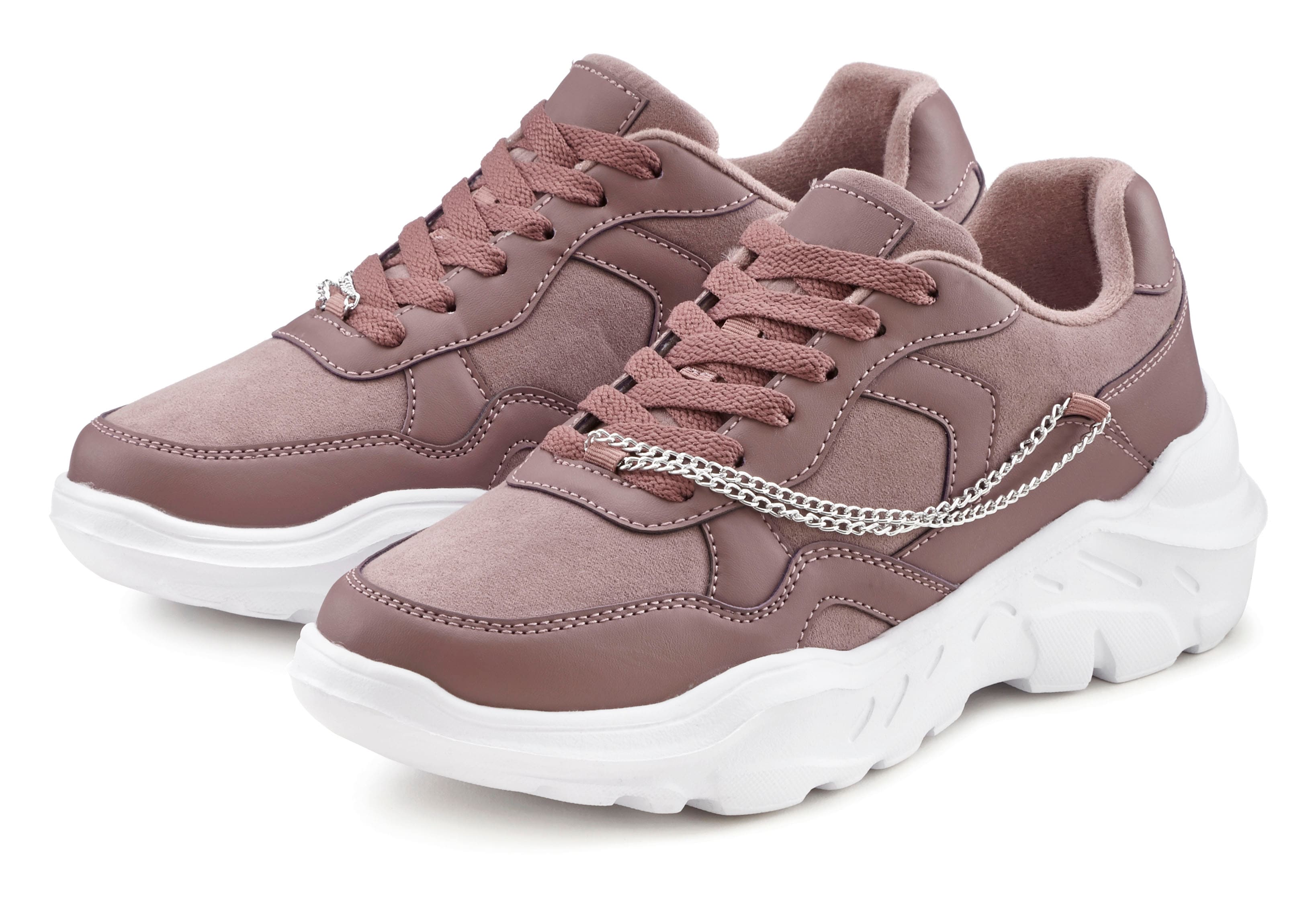 Sneaker LASCANA, Damen, Gr. 37, lila (mauve), Obermaterial: 100% Textilmaterial. Futter: 100% Textilmaterial. Decksohle: 100% Textilmaterial. Laufsohle: 100% Synthetik, unifarben, Schuhe, mit Chunky-Sohle & Ketten, Schnürhalbschuhe, Freizeitschuhe...