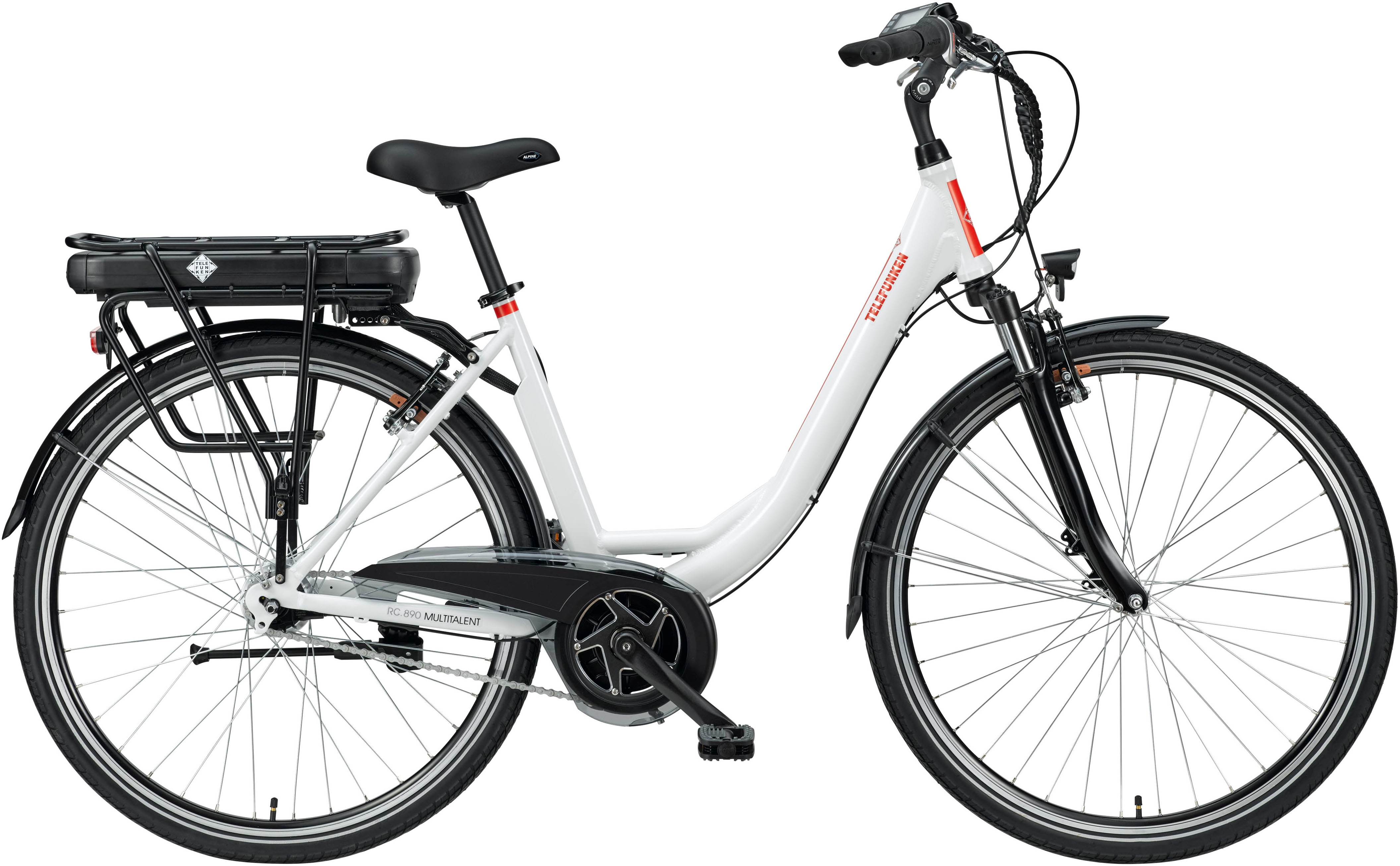 E-Bike TELEFUNKEN "Multitalent RC890" Gr. 49, weiß (weiß, schwarz), Elektrofahrräder, 49cm, 28 Zoll (71,12cm), Pedelec, Elektrofahrrad für Damen u. Herren Image