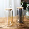 Tasse en verre réutilisable avec couvercle en bambou et pailles verres à boire canette de bière