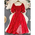 YuooMuoo-Robe longue fendue à imprimé floral pour femme manches bouffantes robe de soirée robe