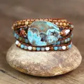Bracelets en pierre naturelle pour femmes faits à la main perles rondes en cuir breloque bohème