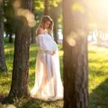 Robe Longue Transparente en Tulle à Pois Blancs Tenue à Manches Lanternes pour Séance Photo